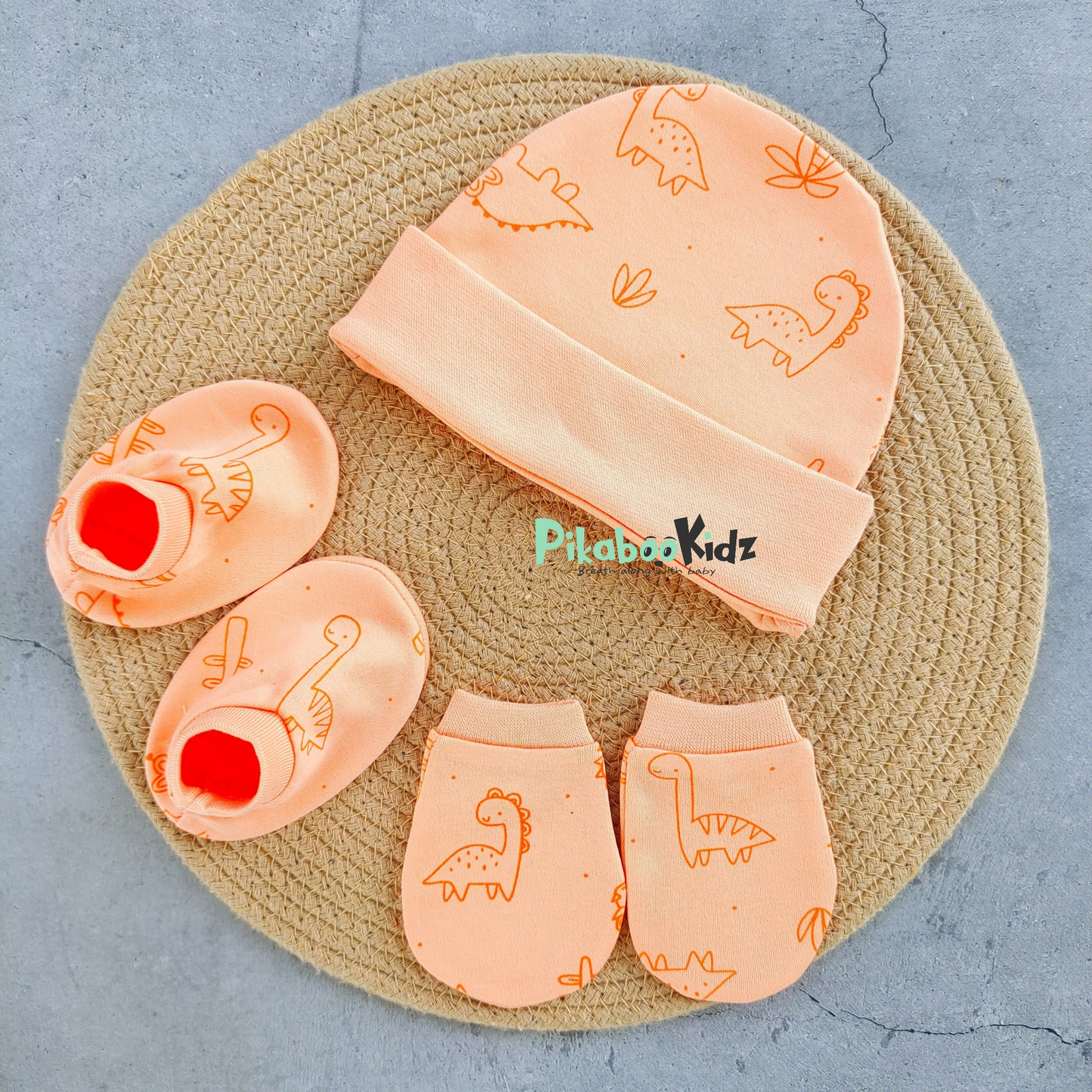 Organic cotton Cap mittens Booties – Orange Dino