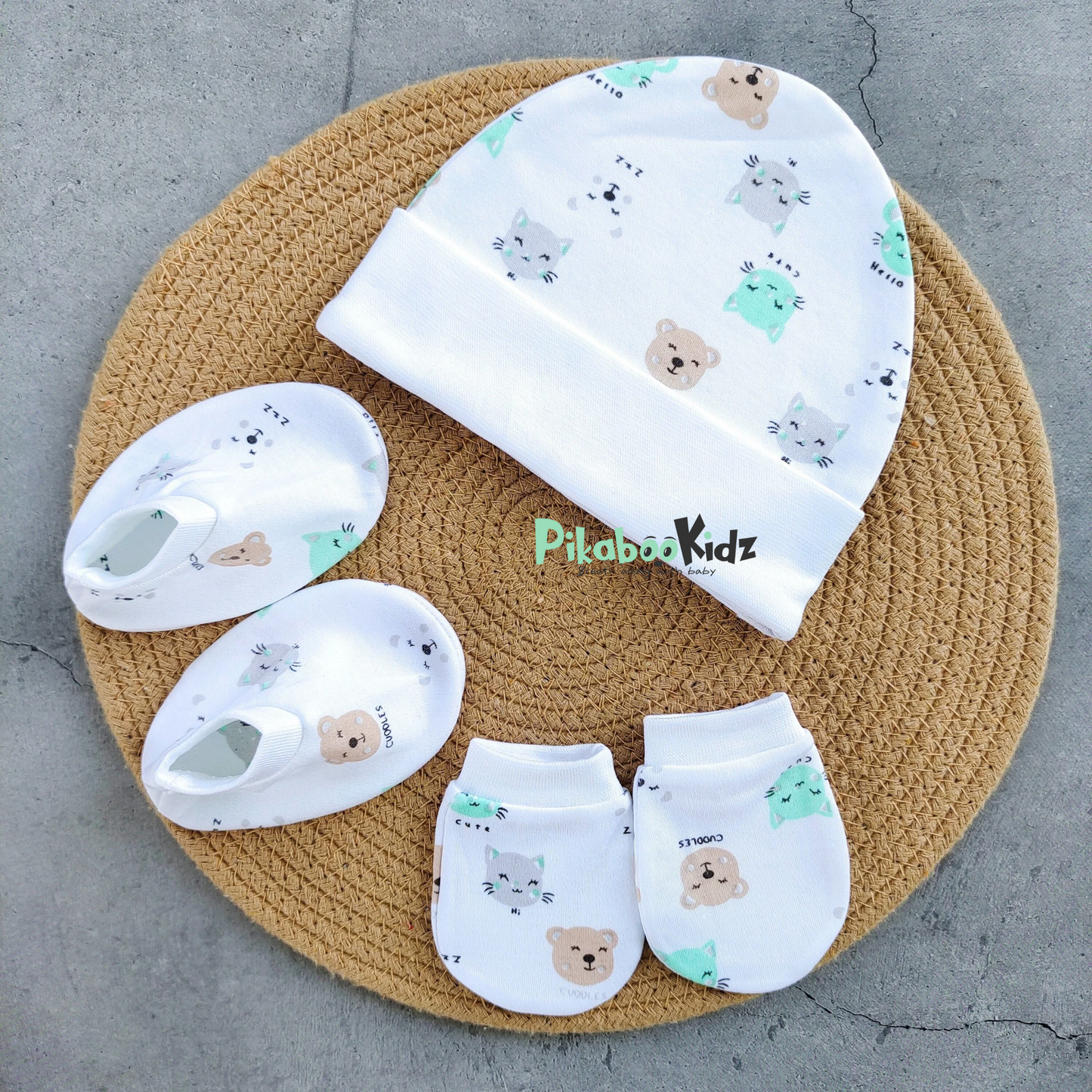 Organic cotton Cap mittens Booties – Aqua Blue Teddy