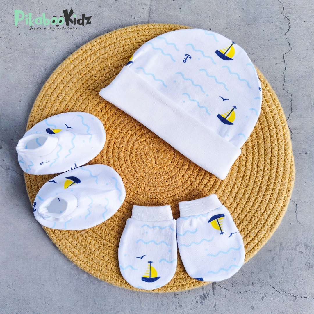 Organic cotton Cap mittens Booties – Boat Yellow