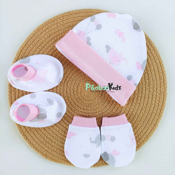 Organic cotton Cap mittens Booties – Pink Elephants