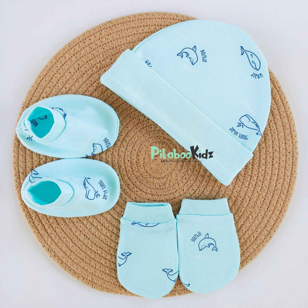 Organic cotton Cap mittens Booties – Aqua Blue