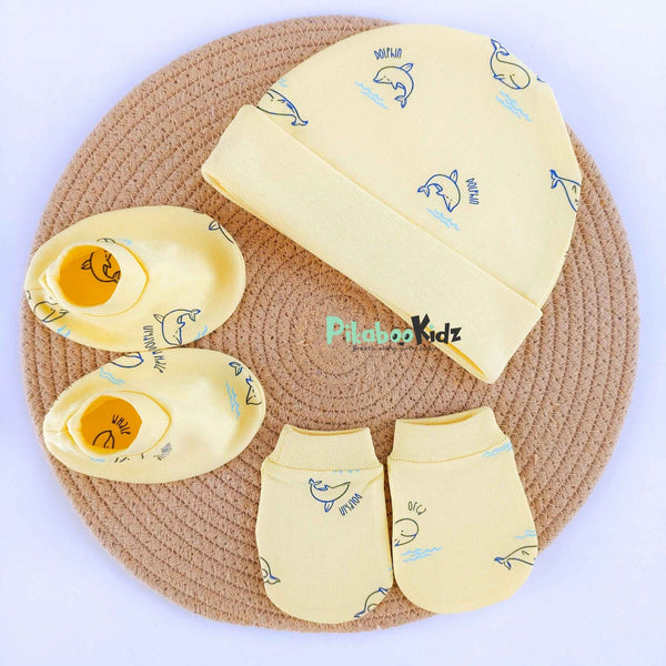 Organic cotton Cap mittens Booties – Yellow