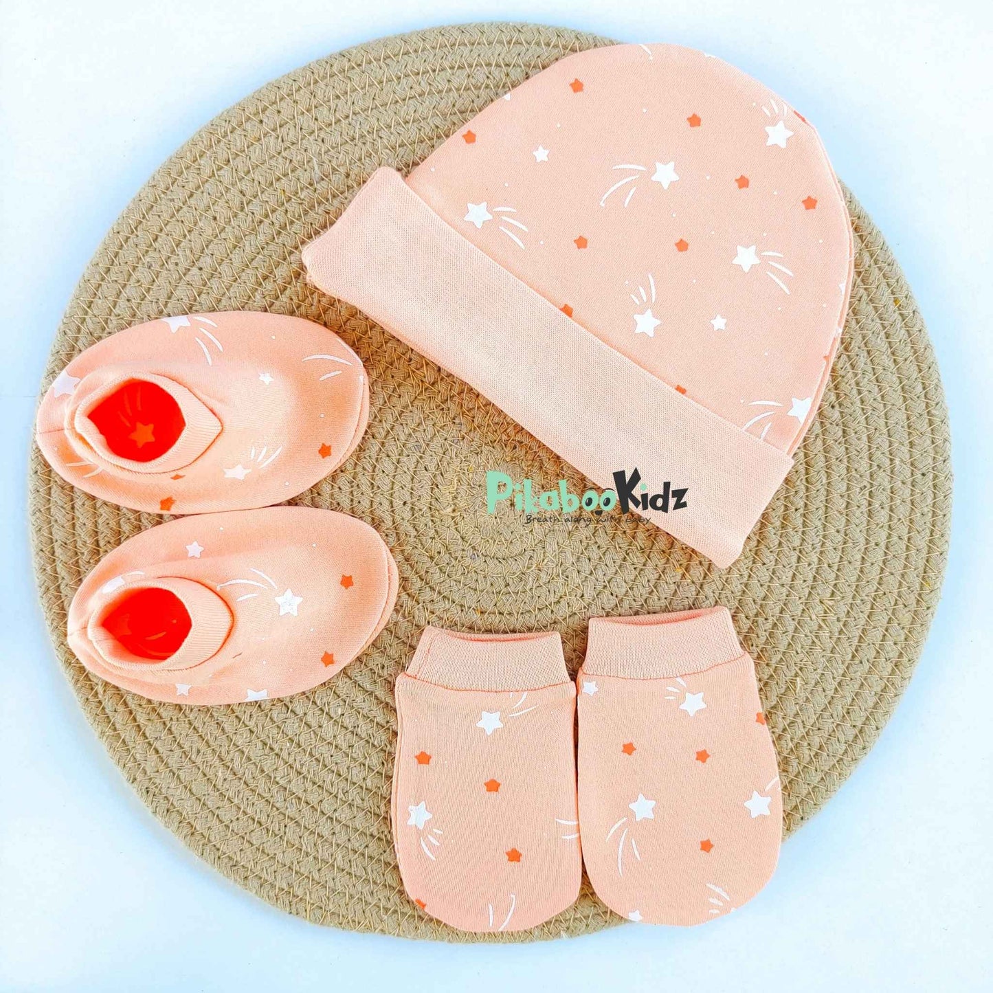 Organic cotton Cap mittens Booties – Orange stars