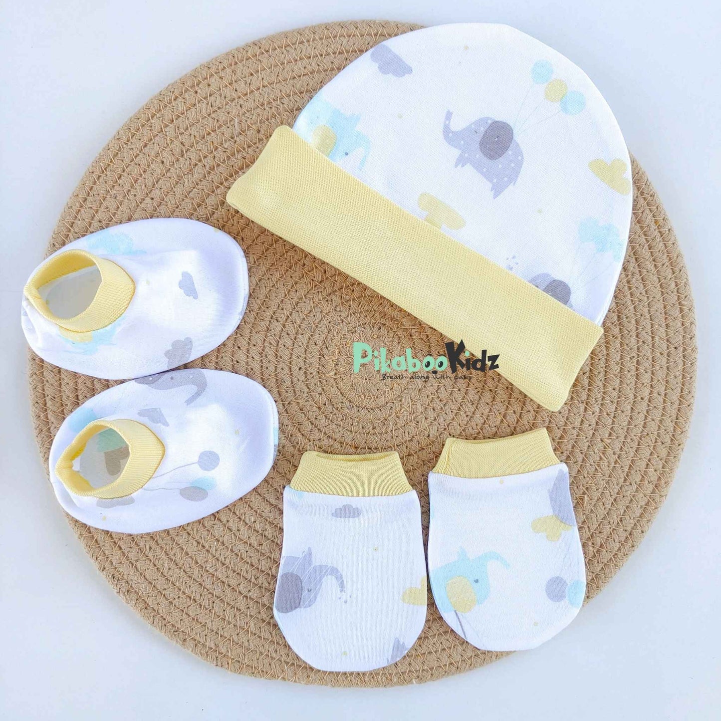 Organic cotton Cap mittens Booties – Yellow Elephants