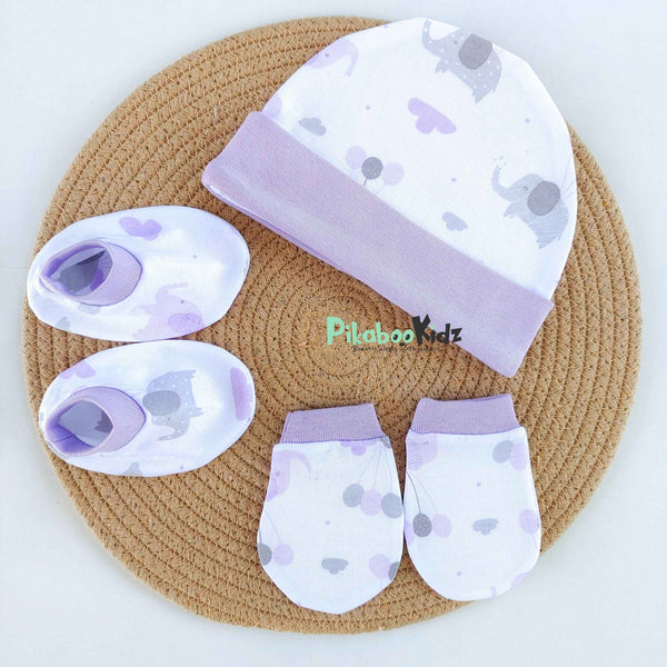 Organic cotton Cap mittens Booties – Purple Elephants