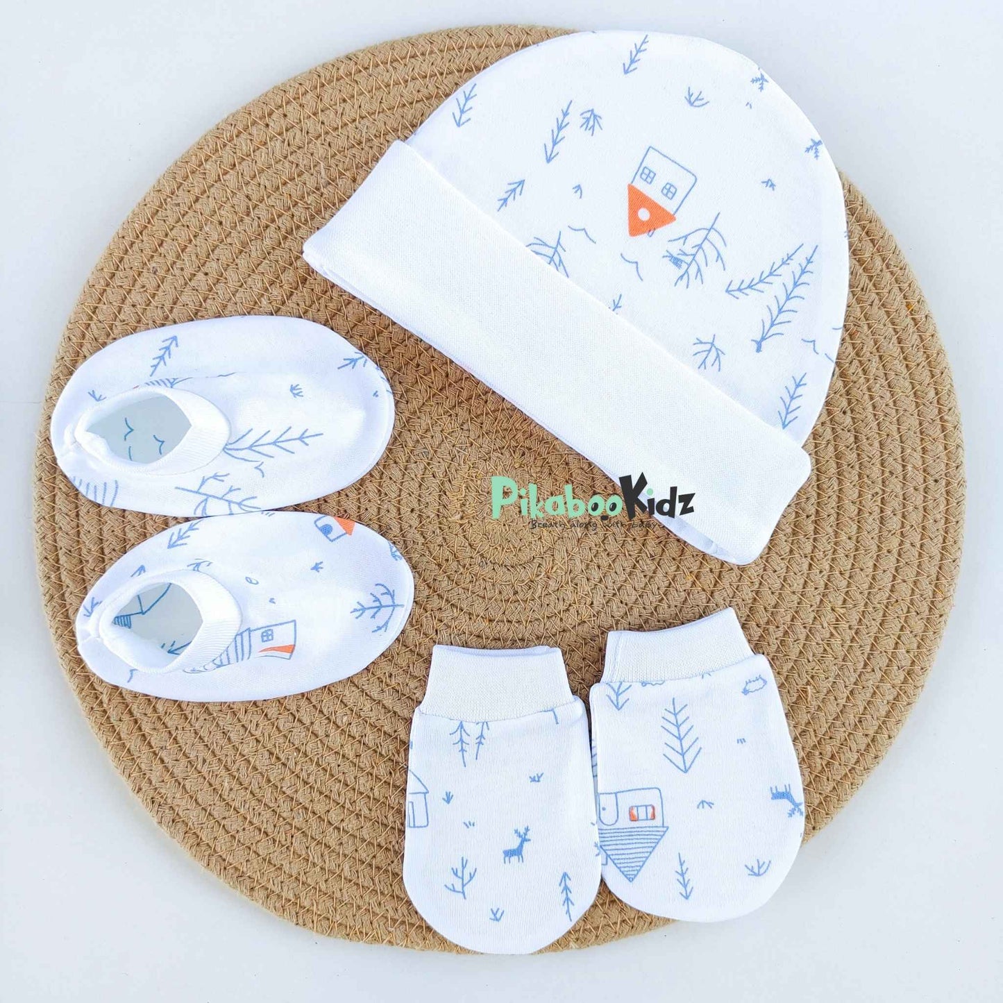 Organic cotton Cap mittens Booties – Farm house Blue