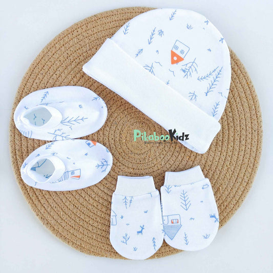 Organic cotton Cap mittens Booties – Farm house Blue