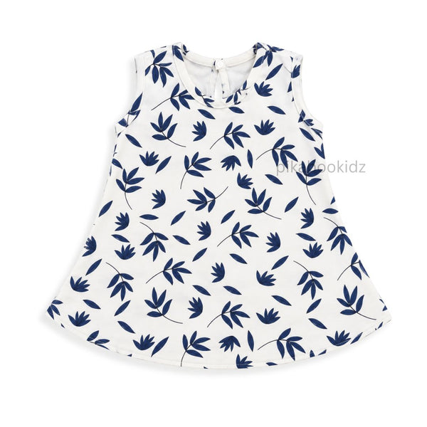Cotton A-line frock 6-12M - navyblue leaf