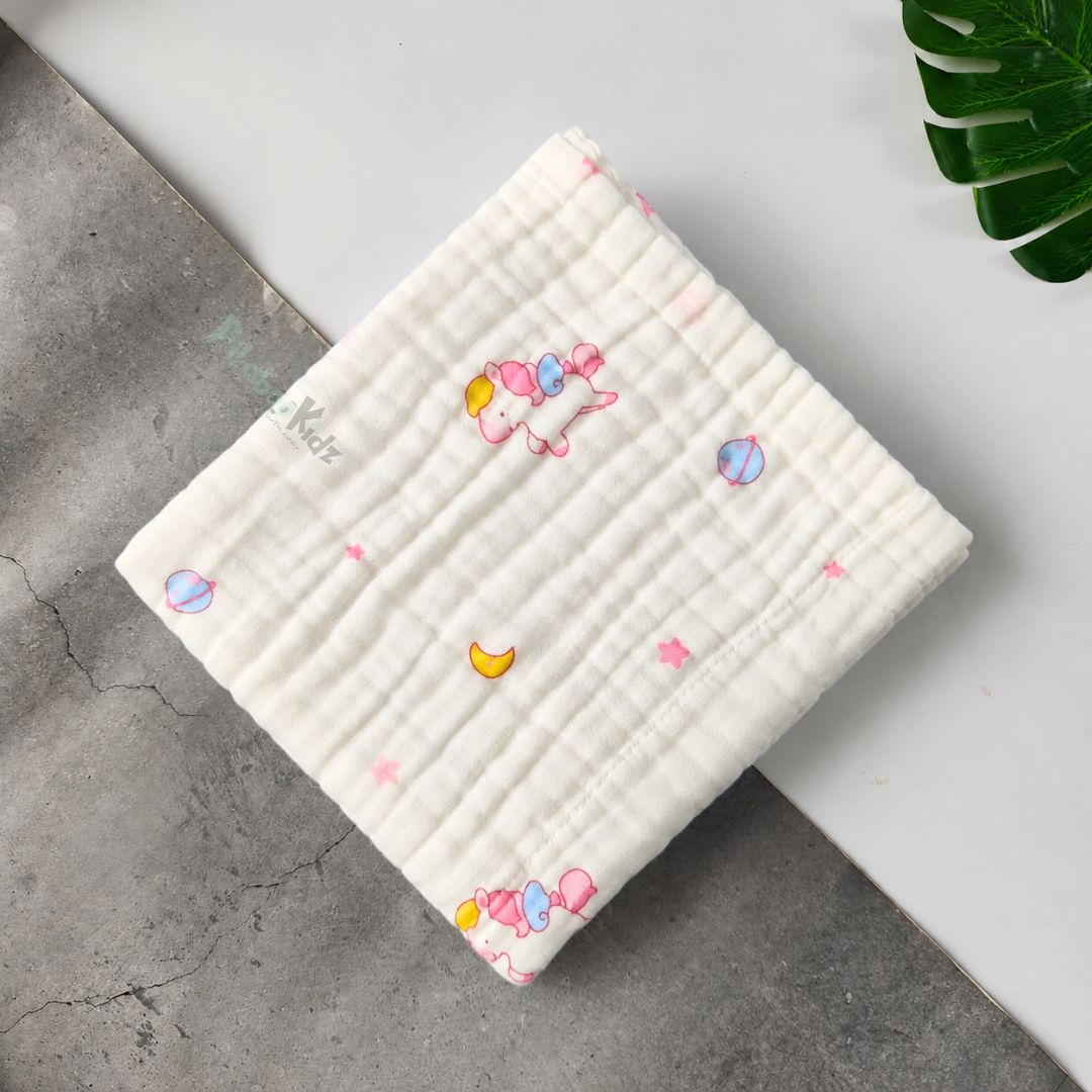 Muslin Crinkled 6layer Bath towel 50*100 cms – Pink unicorn