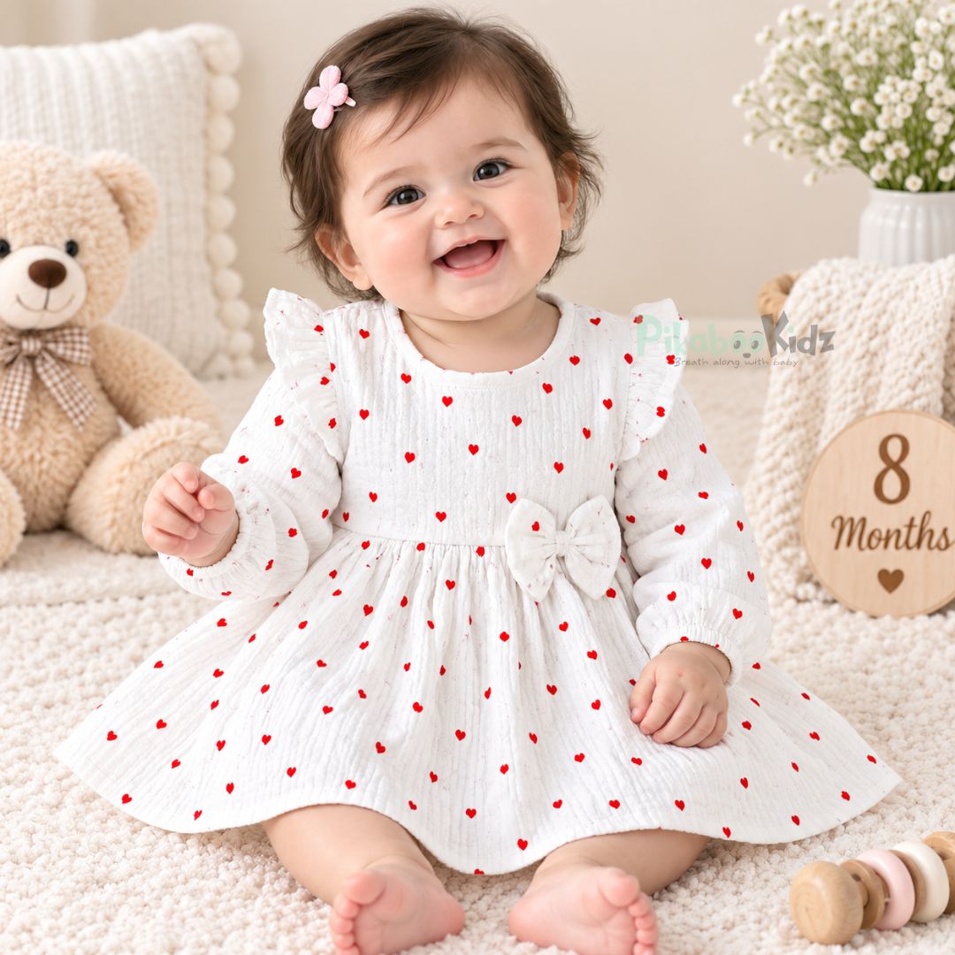 crinkle muslin fullsleeve frock - hearts