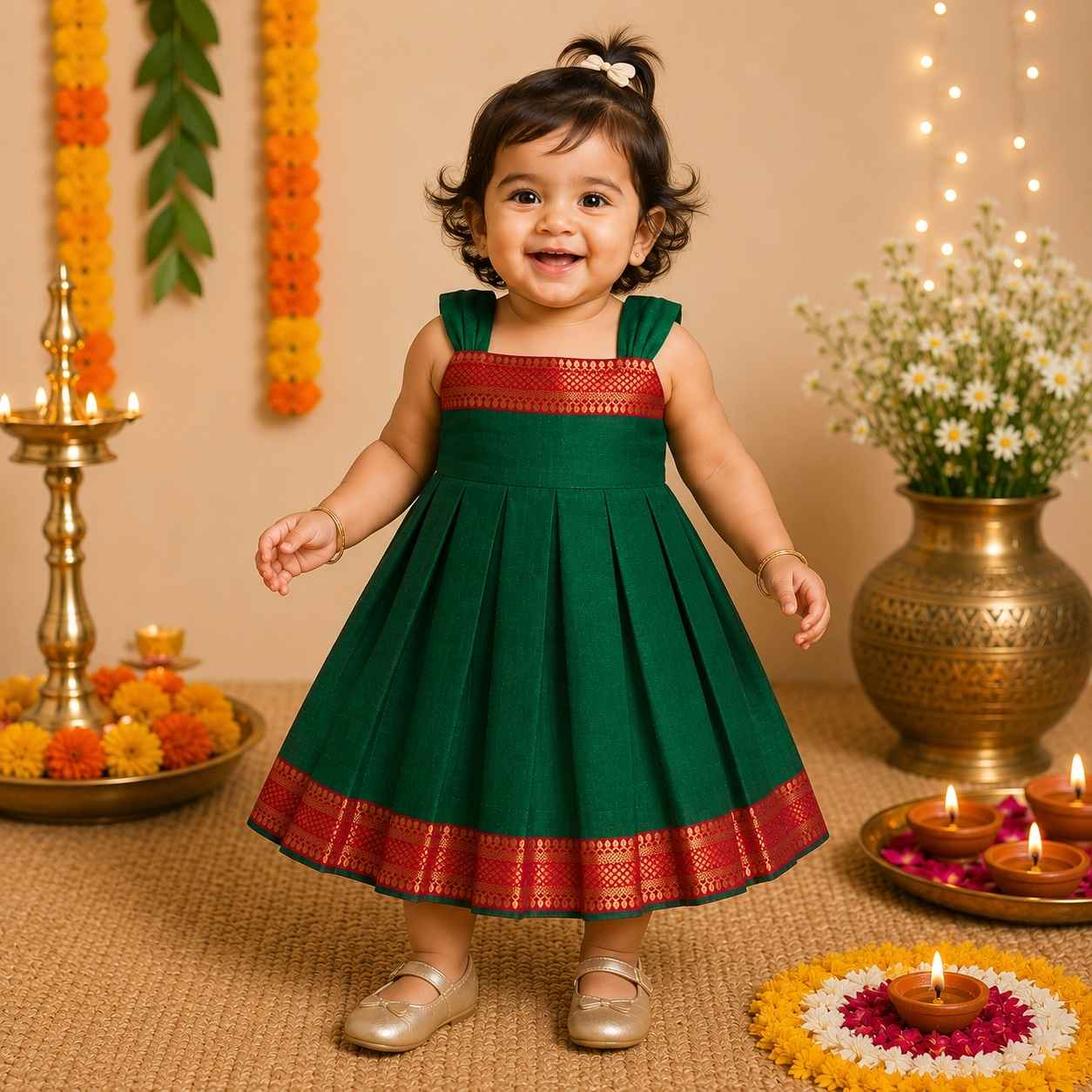 Ethnic Mangalgiri cotton Frock - Royal green