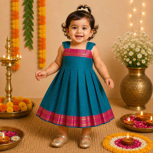 Ethnic Mangalgiri cotton Frock - Peacock Blue