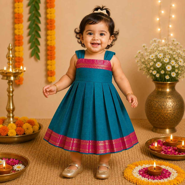 Ethnic Mangalgiri cotton Frock - Peacock Blue