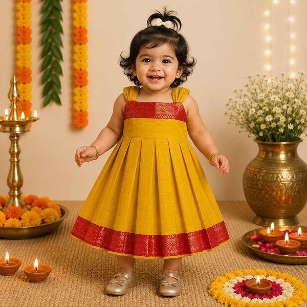 Ethnic Mangalgiri cotton Frock - enlighting Yellow