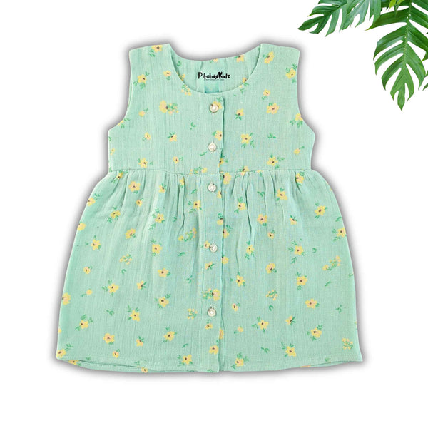 Muslin Button Sleeveless Frock - Pastel blue