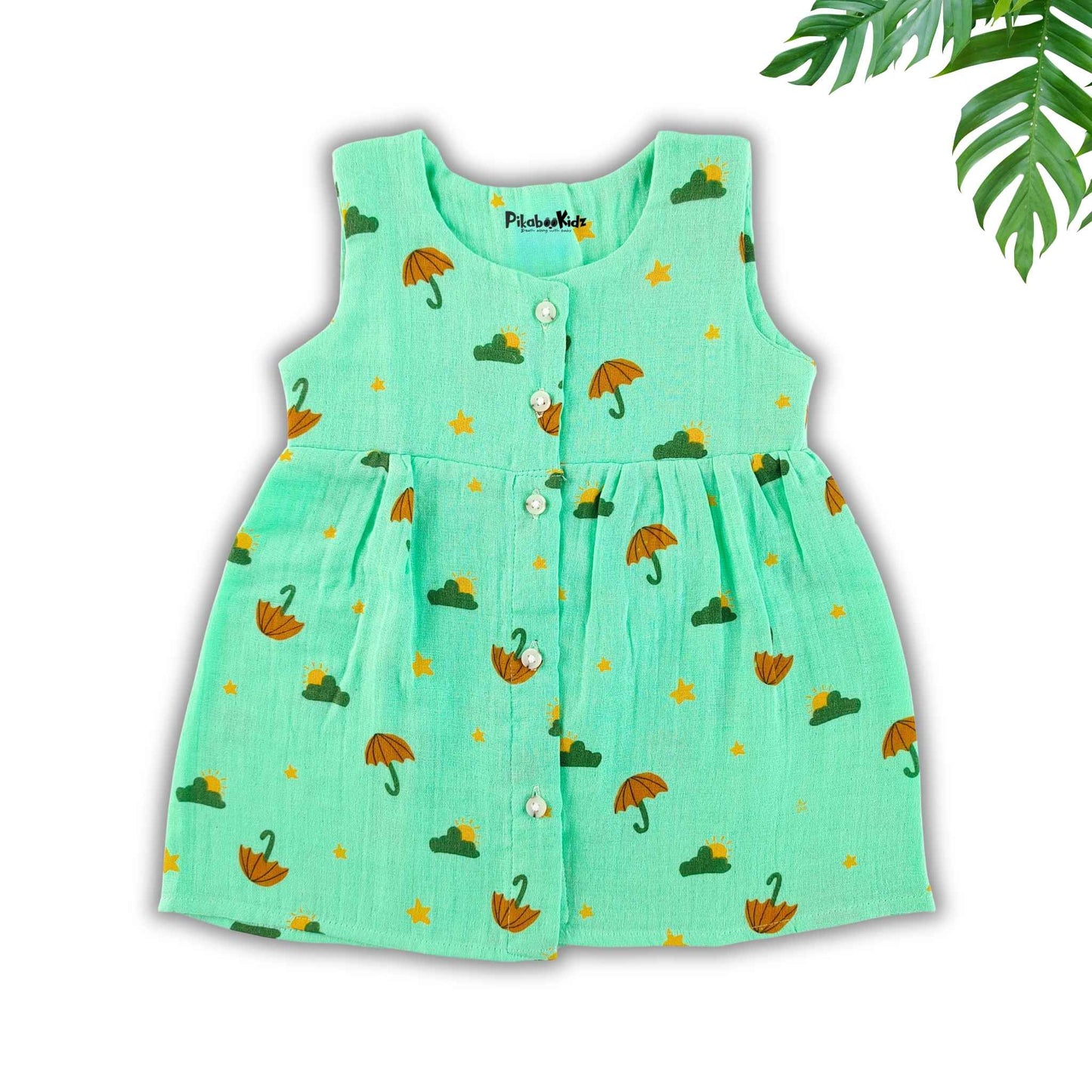 Muslin Button Sleeveless Frock - Aqua green