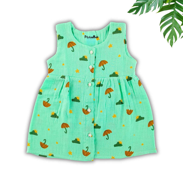 Muslin Button Sleeveless Frock - Aqua green