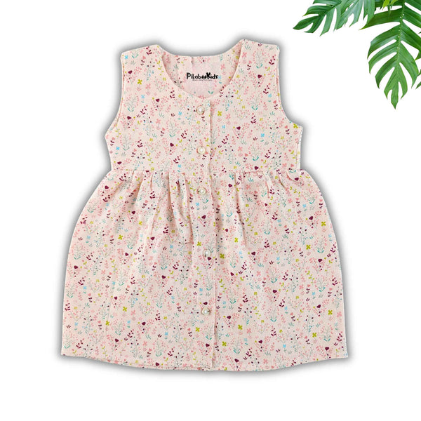 Muslin Button Sleeveless Frock - pink