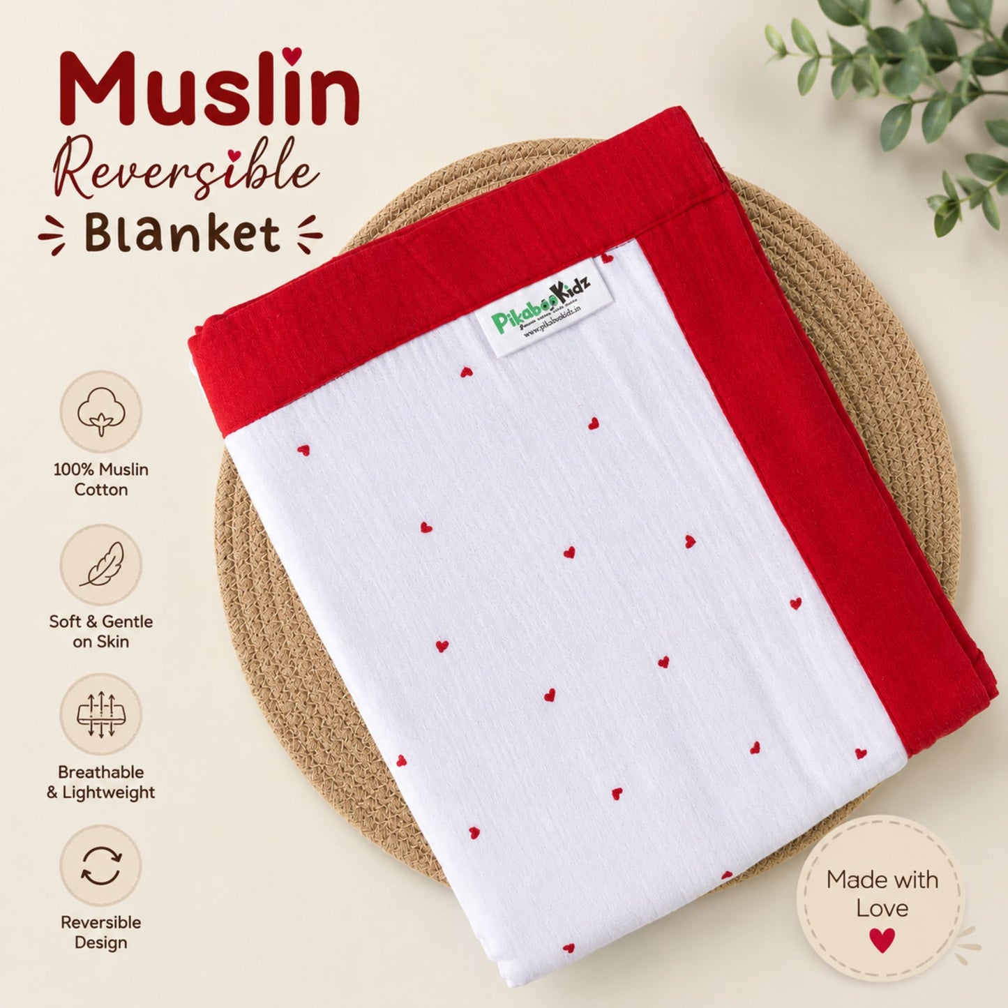 Muslin Reversible Blanket - Hearts
