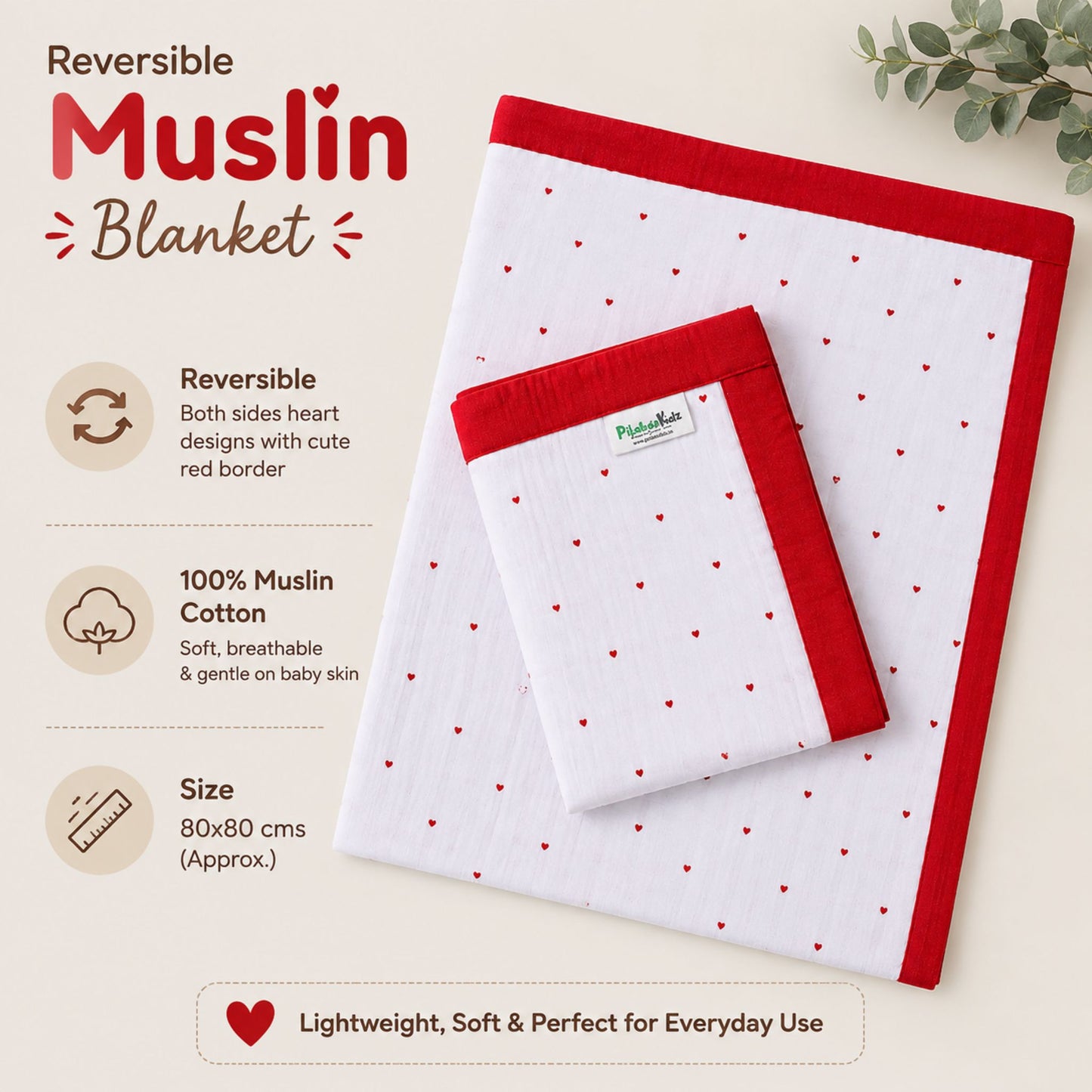 Muslin Reversible Blanket - Hearts