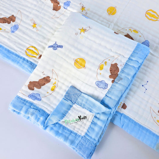 Muslin 6 layer Receiving Blanket - Blue teddy