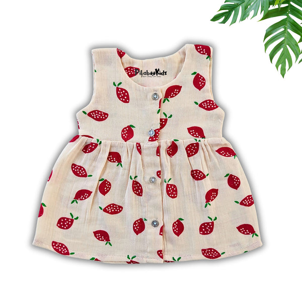 Muslin Button Sleeveless Frock - Beige Strawberry