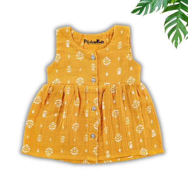 Muslin Button Sleeveless Frock - Yellow