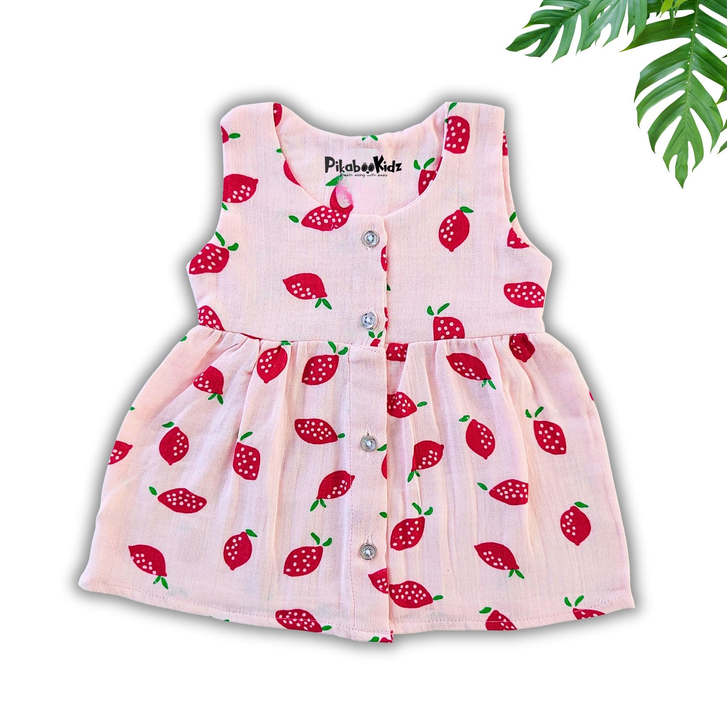 Muslin Button Sleeveless Frock - Pink Strawberry