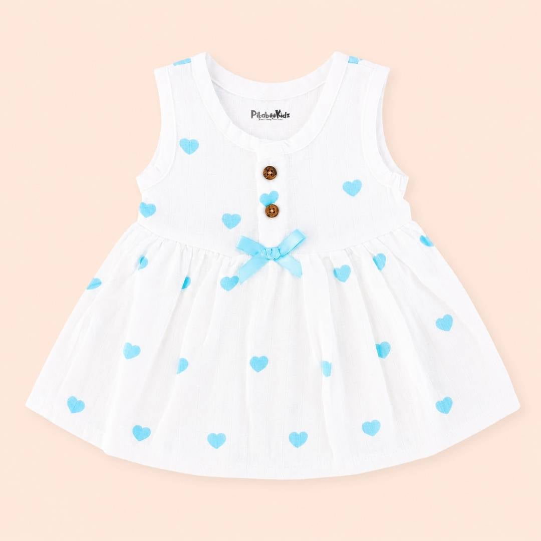 Muslin Button Frock with bow - Hearts