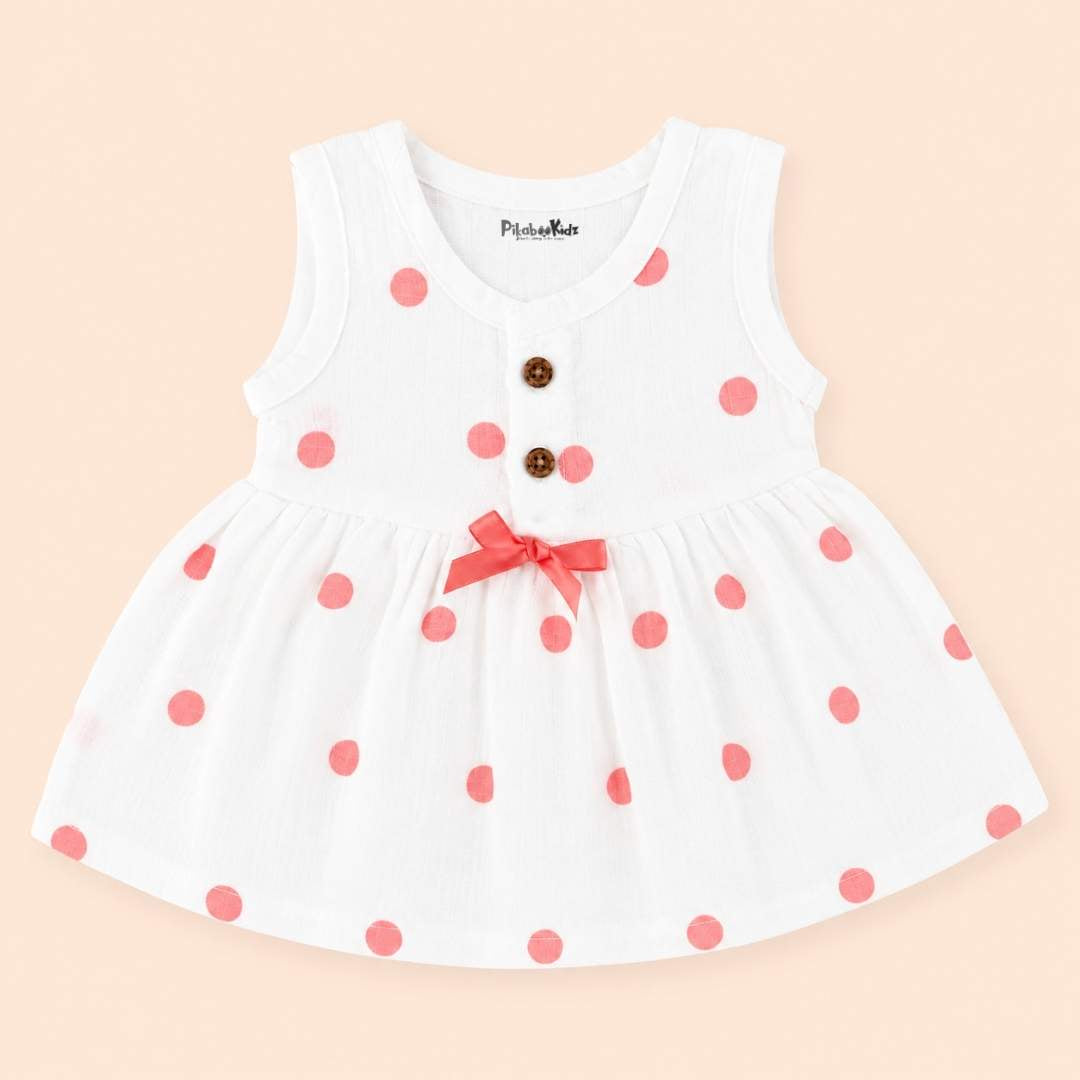 Muslin Button Frock with bow -  Polka dots