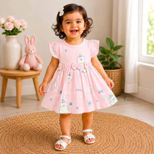 Muslin sleeve frock with bow & backtie - Happy