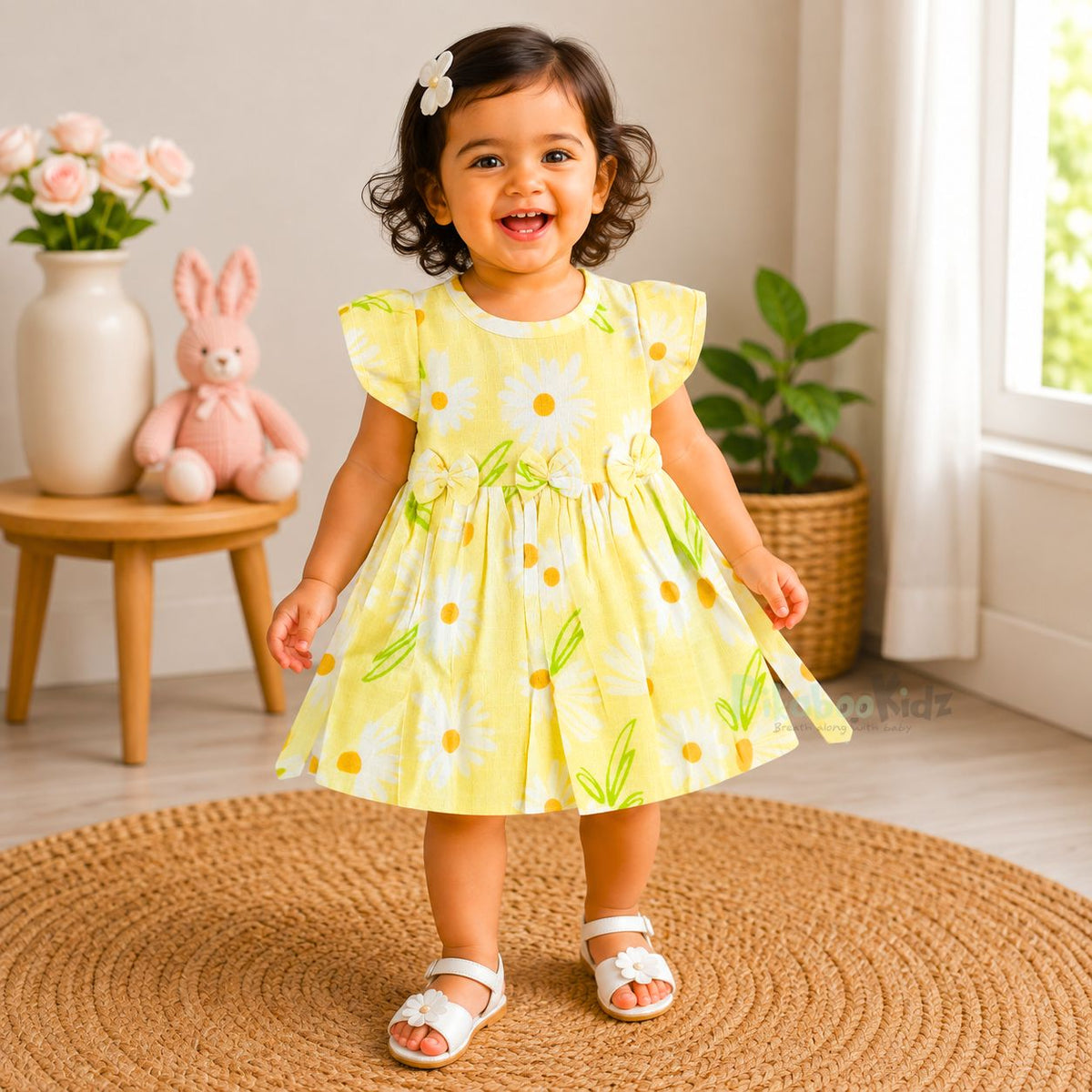 Muslin sleeve frock with bow & backtie - Yellow flowers
