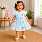 Muslin sleeve frock with bow & backtie - blue rainbows