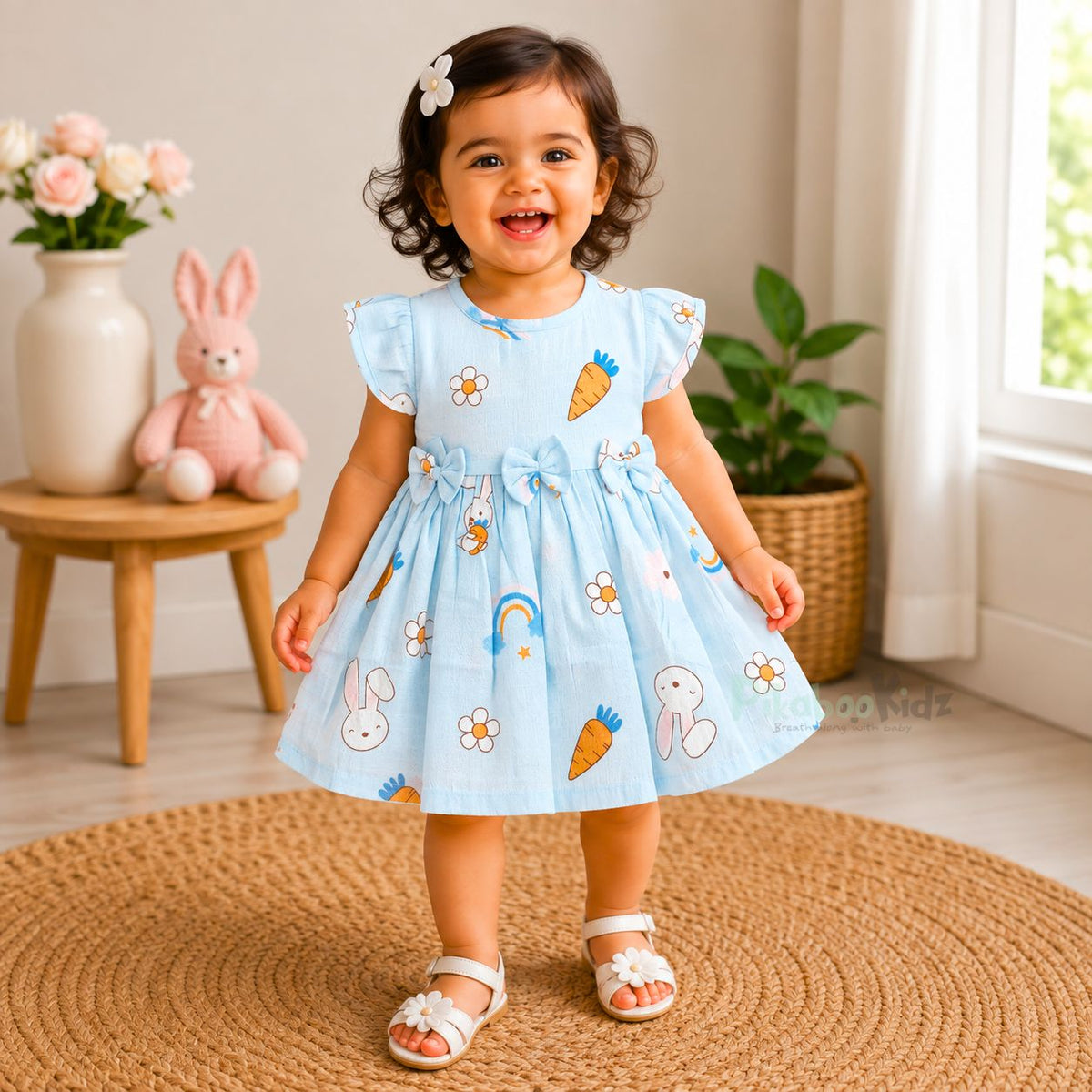 Muslin sleeve frock with bow & backtie - blue rainbows