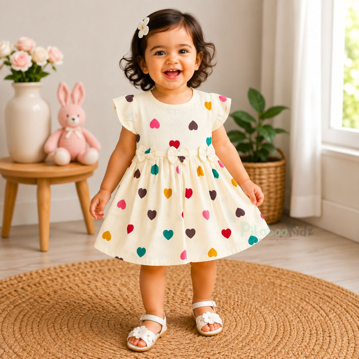 Muslin sleeve frock with bow & backtie - Hearts