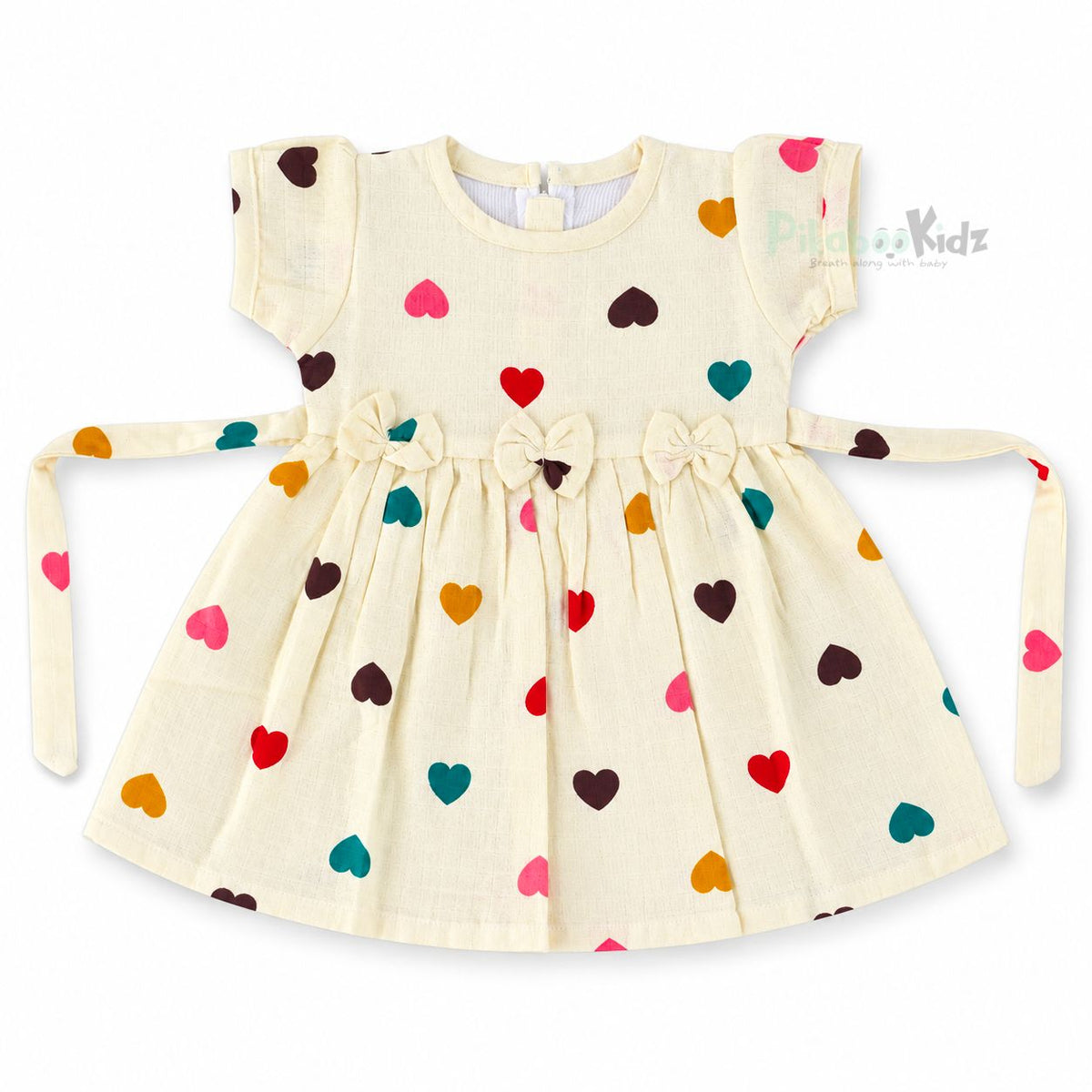 Muslin sleeve frock with bow & backtie - Hearts
