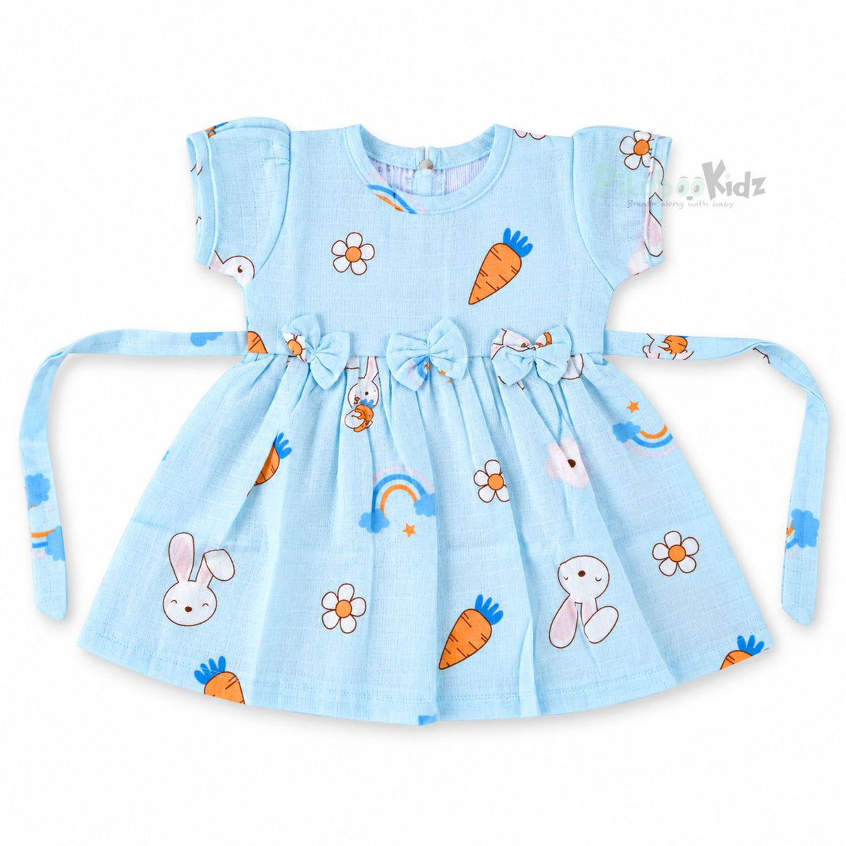 Muslin sleeve frock with bow & backtie - blue rainbows