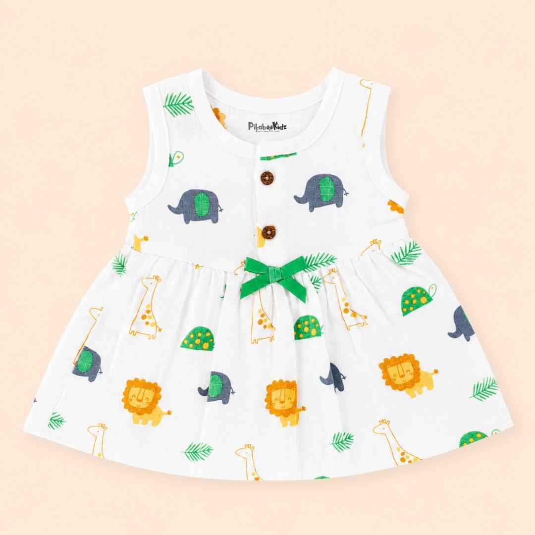 Muslin Button Frock with bow - Animals