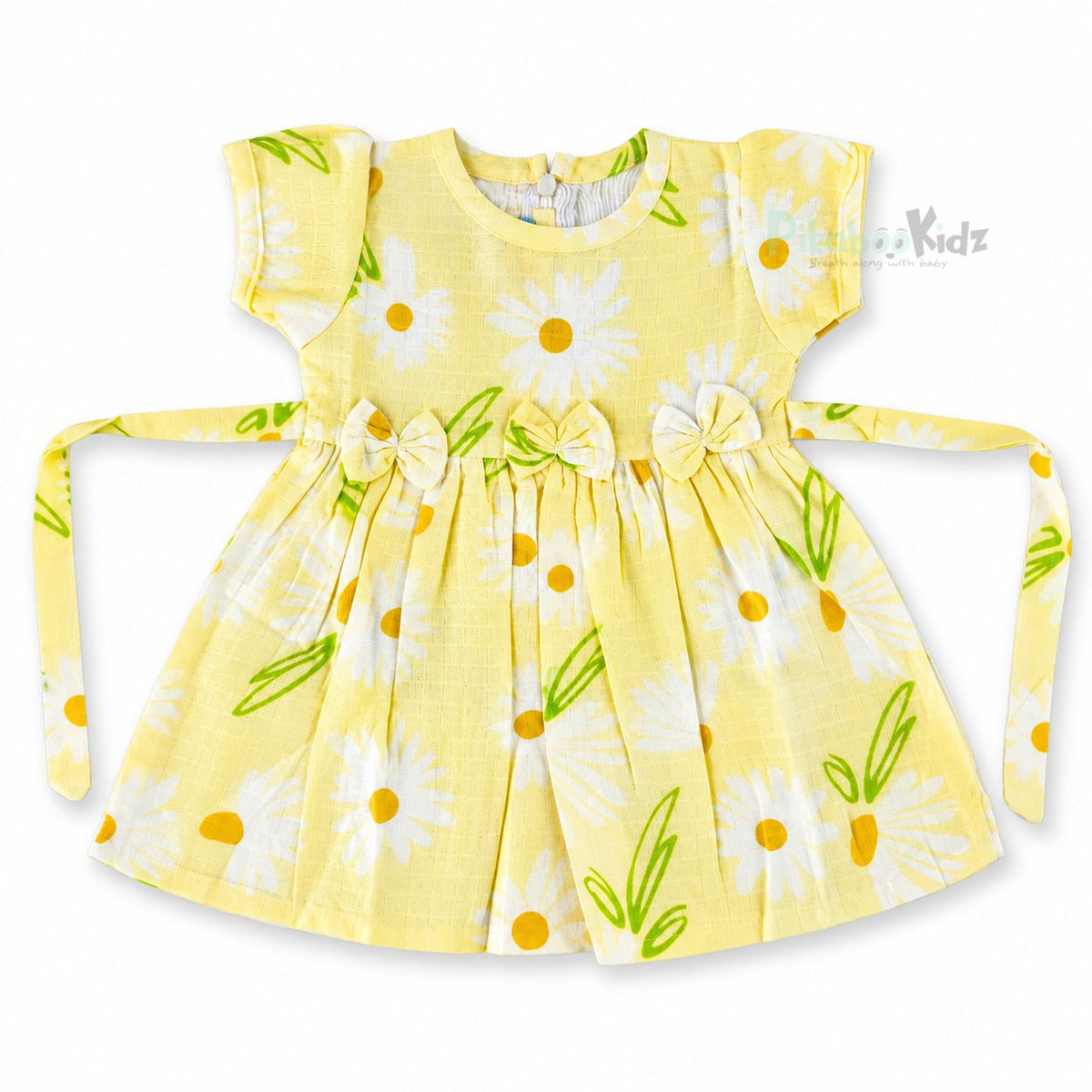 Muslin sleeve frock with bow & backtie - Yellow flowers