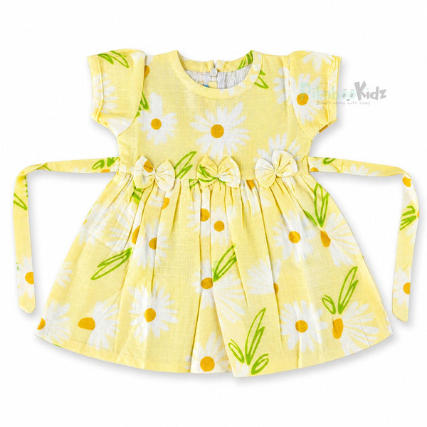 Muslin sleeve frock with bow & backtie - Yellow flowers - alt view