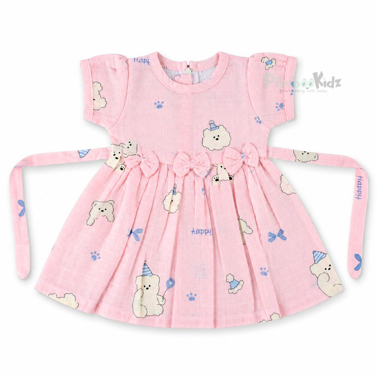 Muslin sleeve frock with bow & backtie - Happy