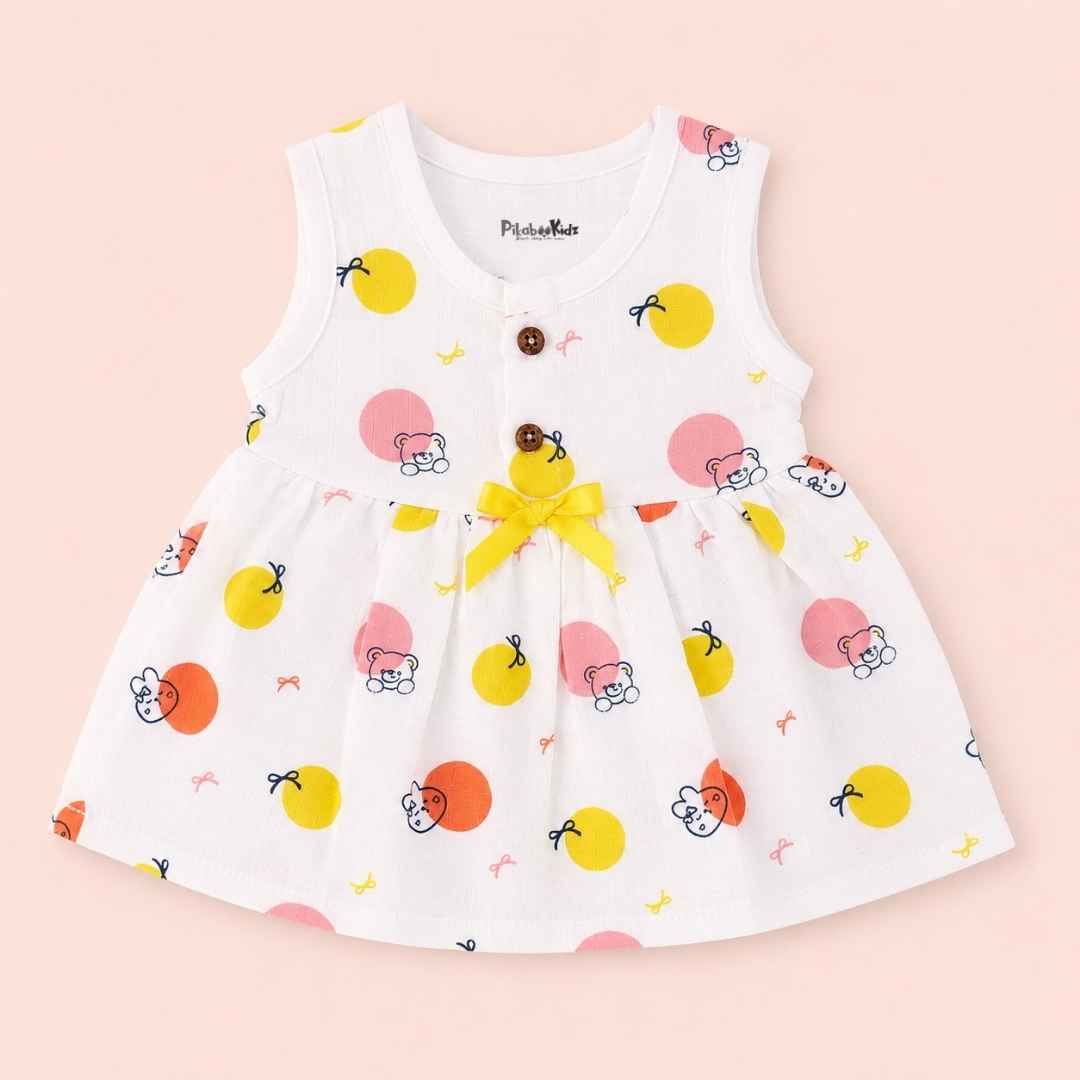 Muslin Button Frock with bow - Teddy
