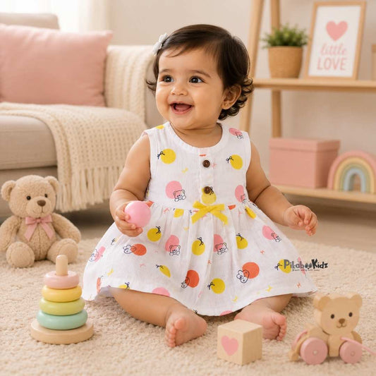 Muslin Button Frock with bow - Teddy
