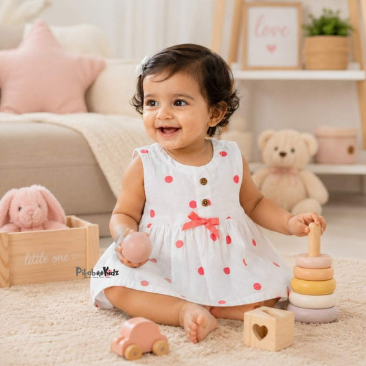 Muslin Button Frock with bow -  Polka dots