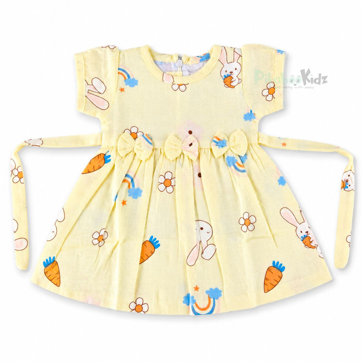 Muslin sleeve frock with bow & backtie - Yellow rainbows