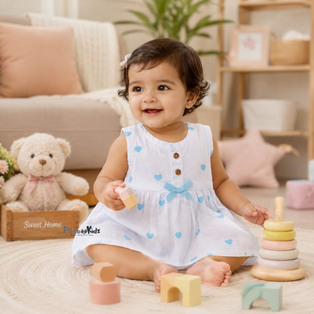 Muslin Button Frock with bow - Hearts