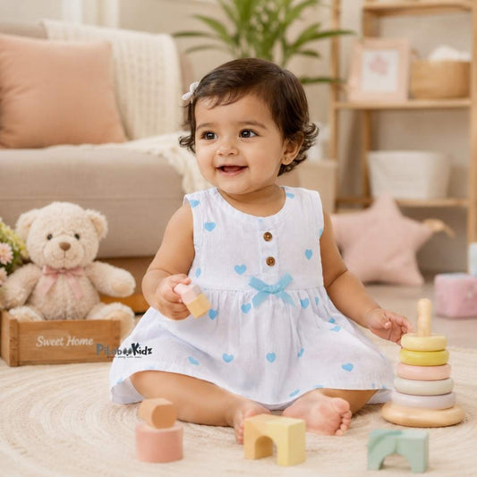 Muslin Button Frock with bow - Hearts