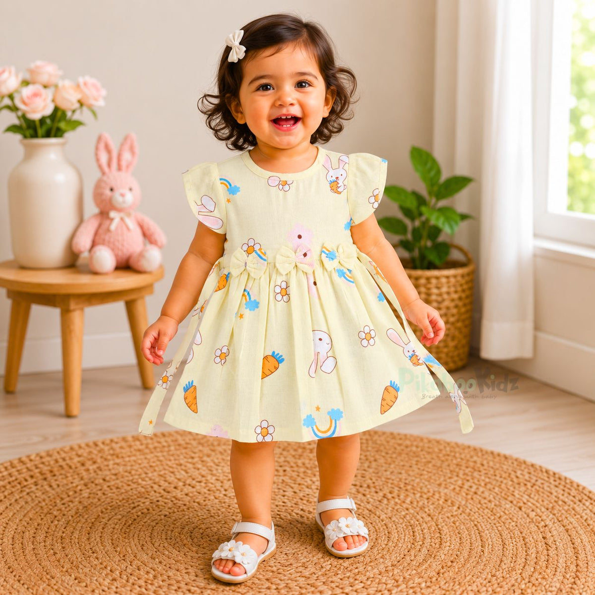 Muslin sleeve frock with bow & backtie - Yellow rainbows