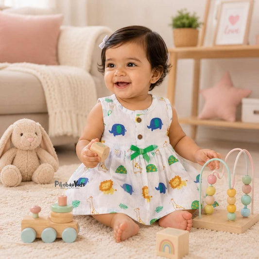 Muslin Button Frock with bow - Animals