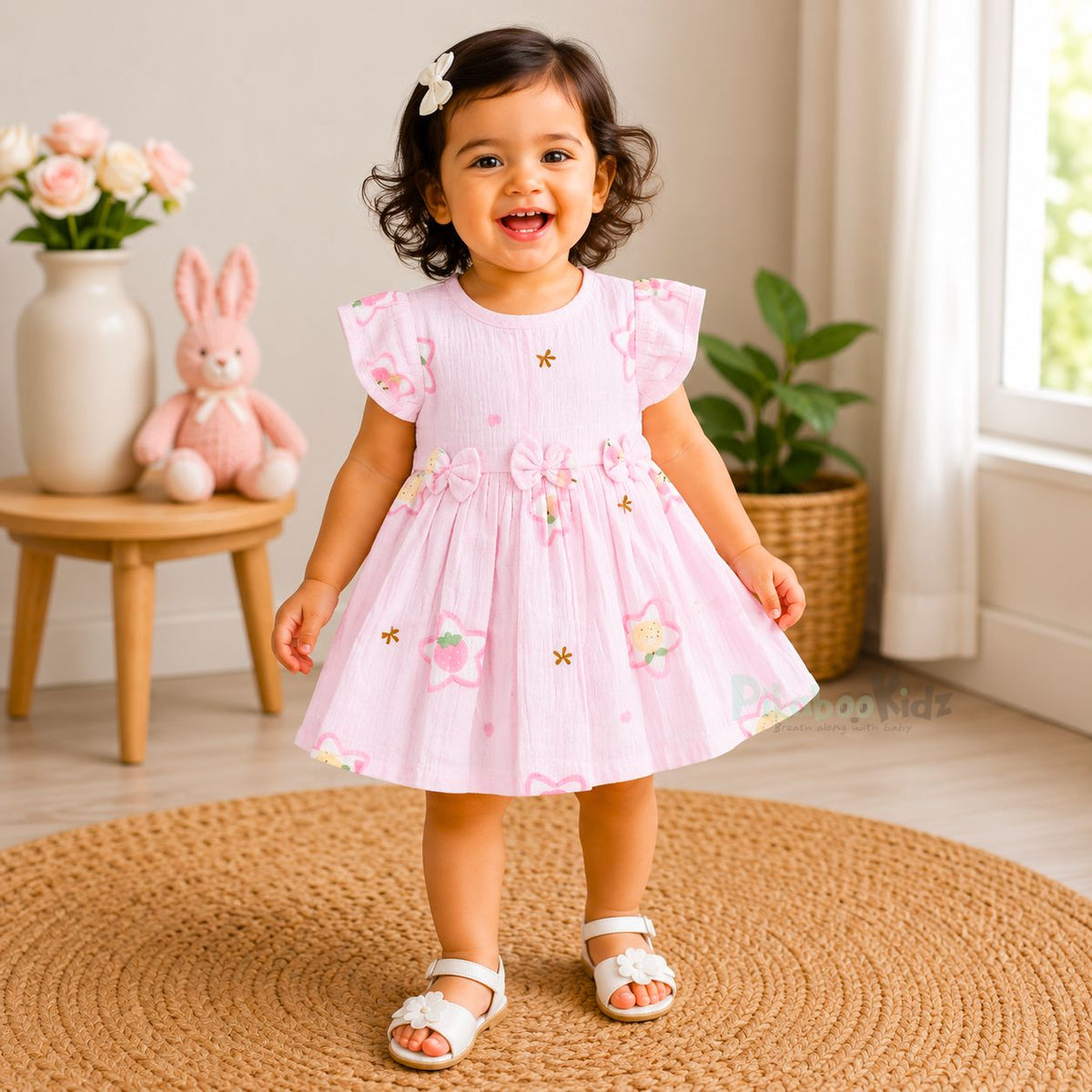 Muslin sleeve frock with bow & backtie - Stars